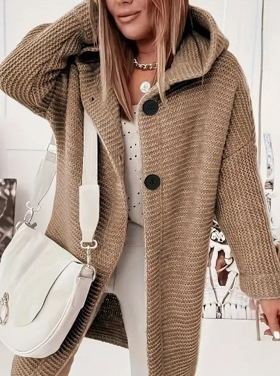 Women's Large-Button Longline Coatigan for School Runs - Brown