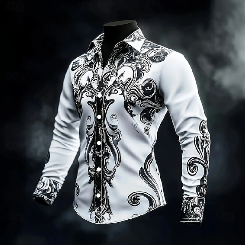 Men's Ornamental Pattern Button-Front Shirt in a Tailored Cut - White