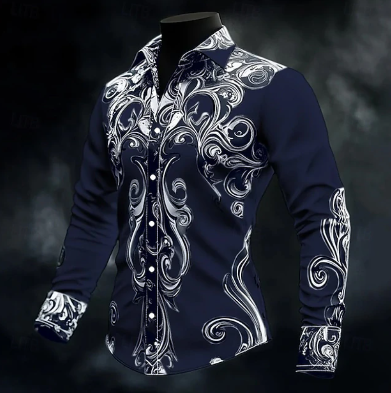 Men's Ornamental Pattern Button-Front Shirt in a Tailored Cut - Navy Blue