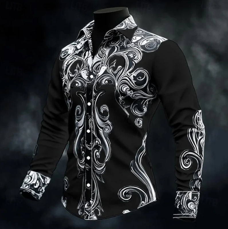 Men's Ornamental Pattern Button-Front Shirt in a Tailored Cut - Black