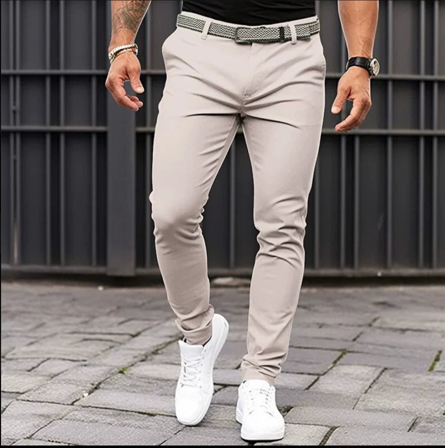 Men's Smart Jogger-Cut Trousers with Flat Front and Stretch - Cream