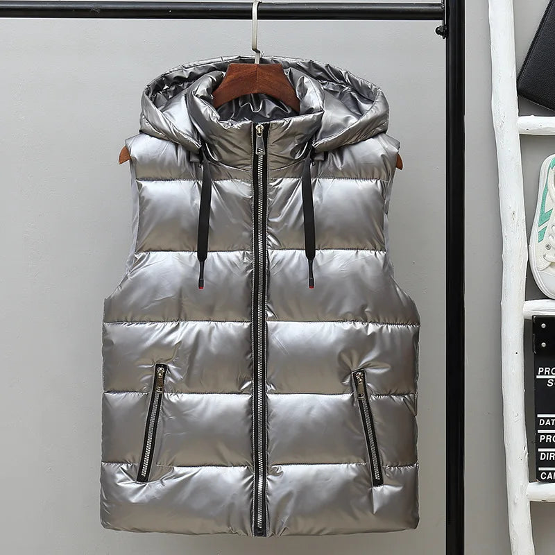Men's High-Shine Quilted Hooded Gilet for Layering - Silver B