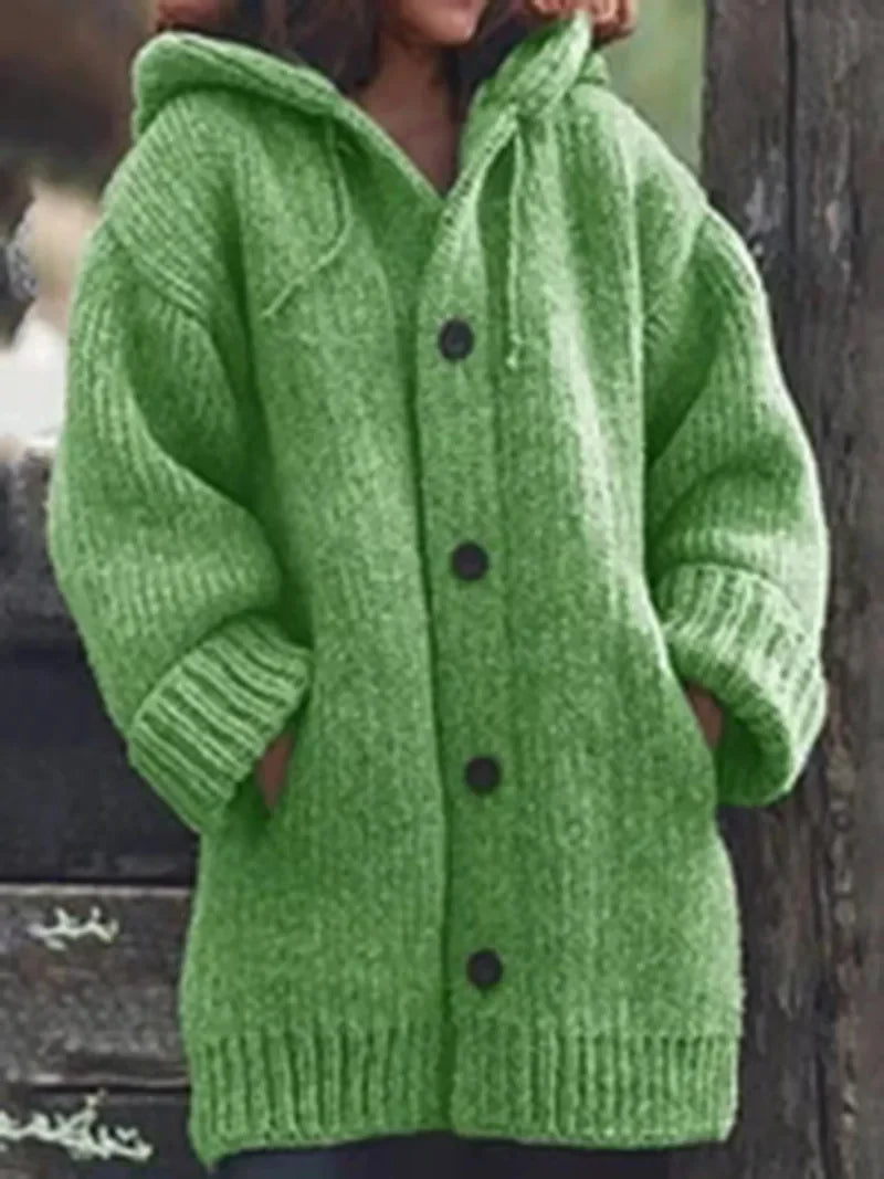 Women's Oversized Dropped-Shoulder Hooded Cardigan in Chunky Knit - Olive Green