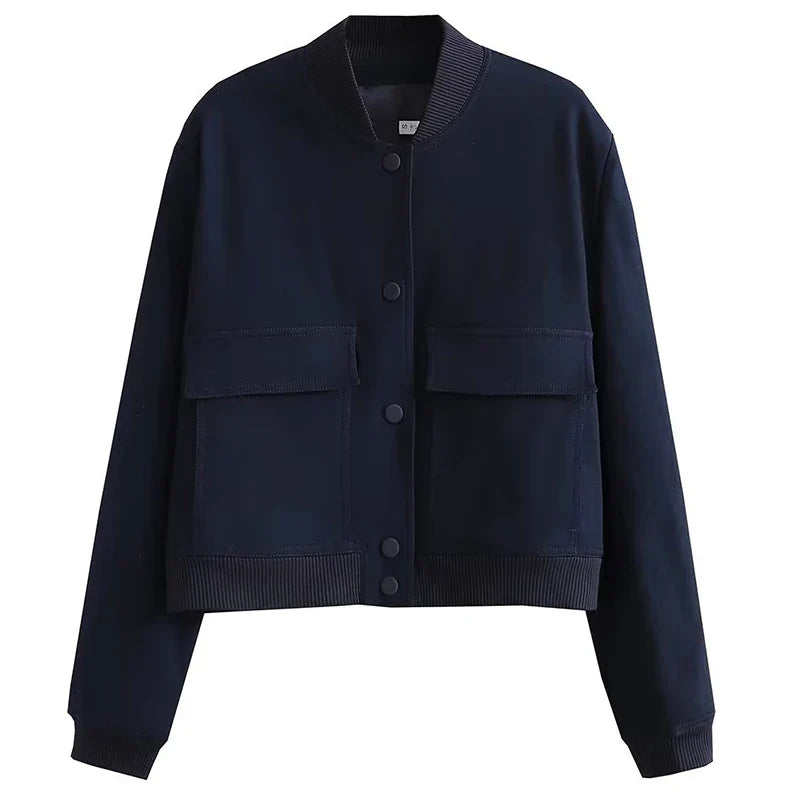 Women's Easy-Fit Snap-Button Bomber with Ribbed Edges - Navy Blue