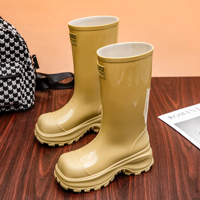 Women's High-Shine Tall Wellies with Grip Tread Sole - Khaki