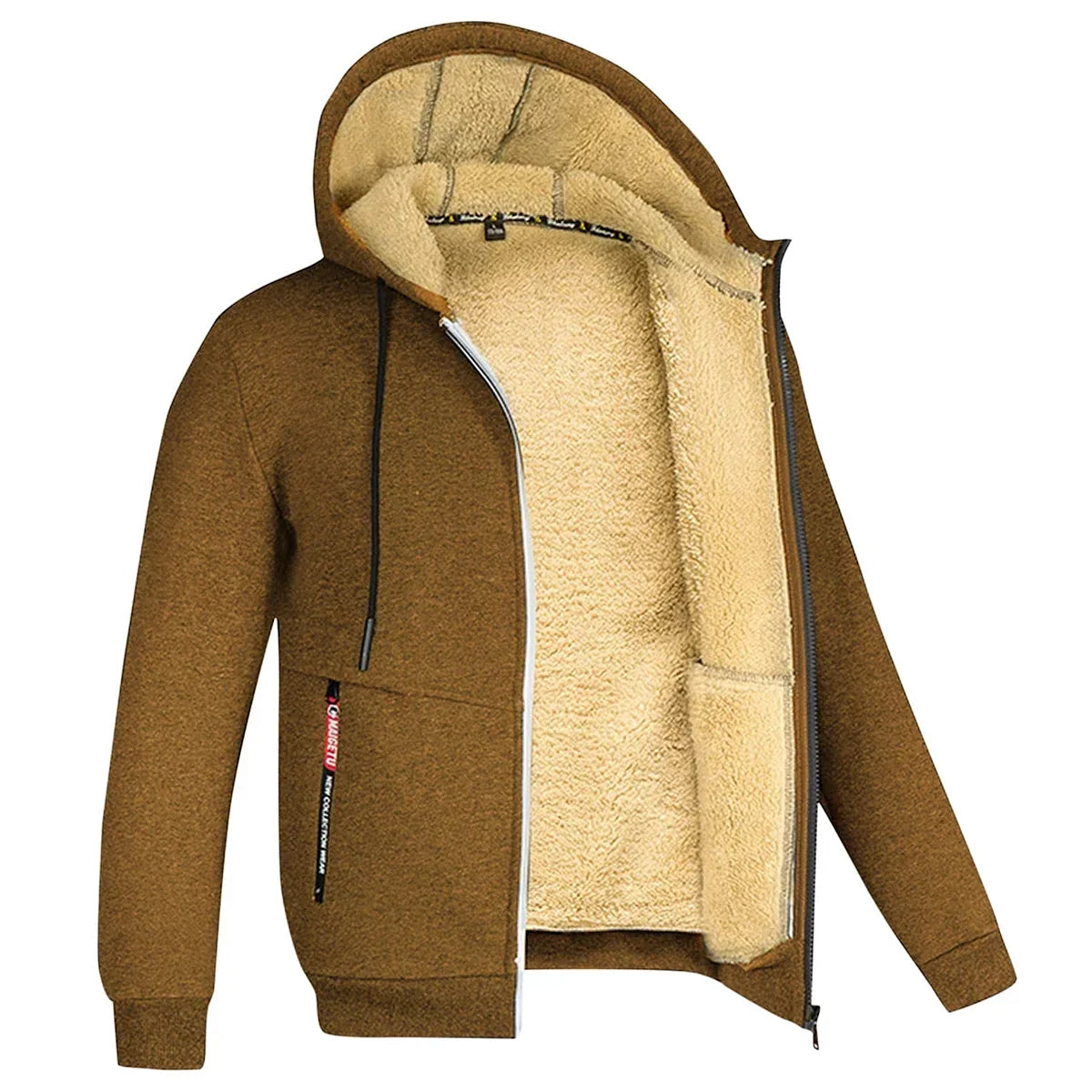 Men's Plush Fleece Full-Zip Hoodie with Ribbed Hem - Brown