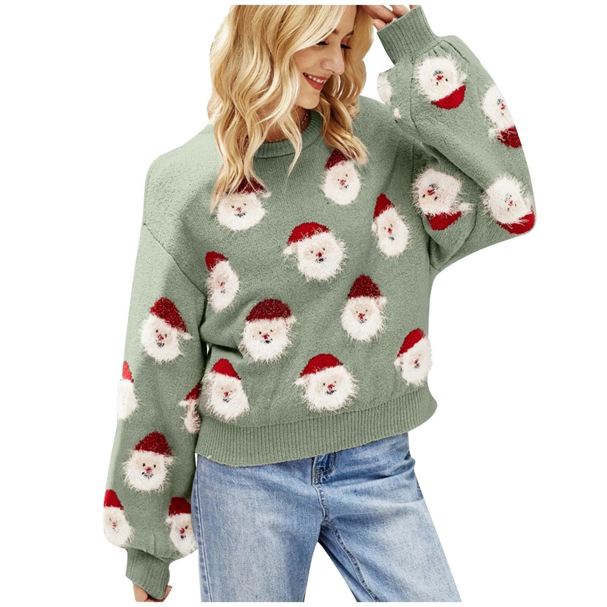 Women's Relaxed Christmas Print Knit Jumper for the Holidays - Sage Green