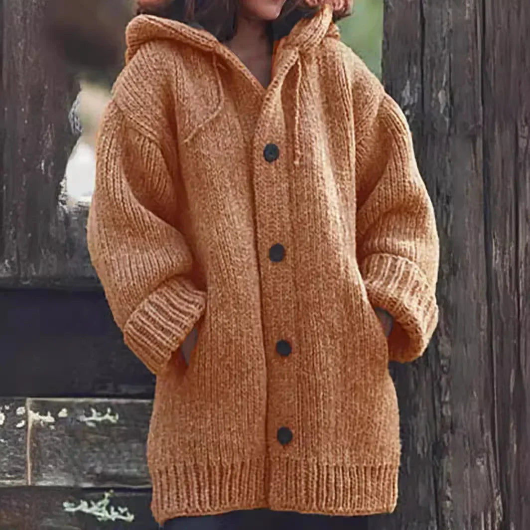 Women's Oversized Dropped-Shoulder Hooded Cardigan in Chunky Knit - Orange