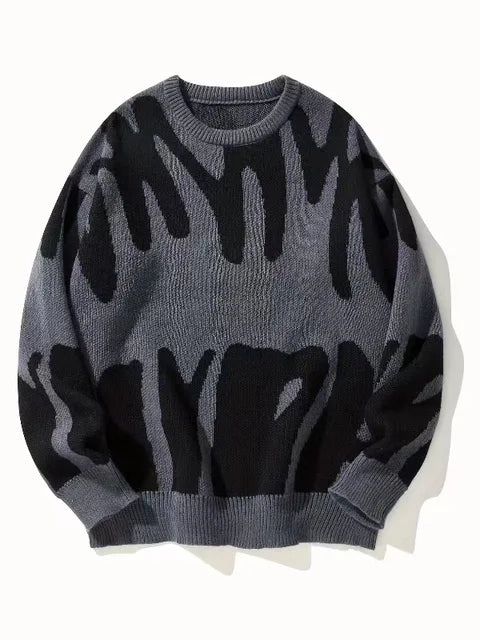 Men's Classic Knit Round Neck Jumper with Long Sleeves - Grey Black