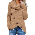 Women's Cowl Neck Chunky Jumper with Button Detail and Uneven Hem - Khaki