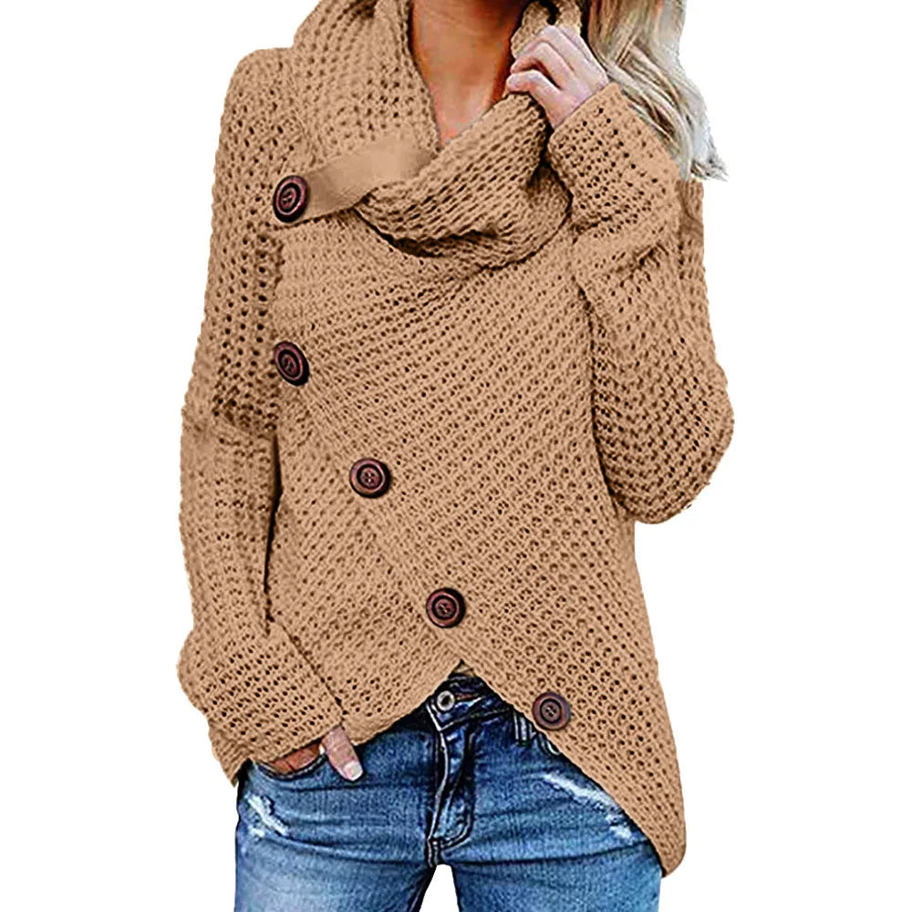 Women's Cowl Neck Chunky Jumper with Button Detail and Uneven Hem - Khaki