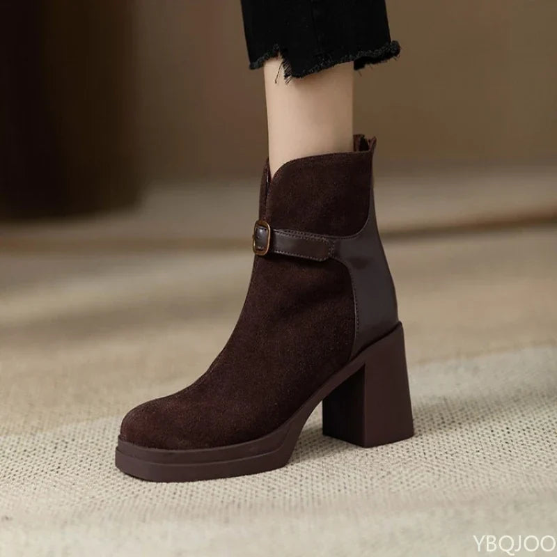 Women's Autumn Buckle-Strap Ankle Boots with Chunky Sole - Dark Brown