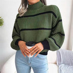 Women's Wide-Stripe High Neck Jumper in Chunky Soft Knit - Army Green