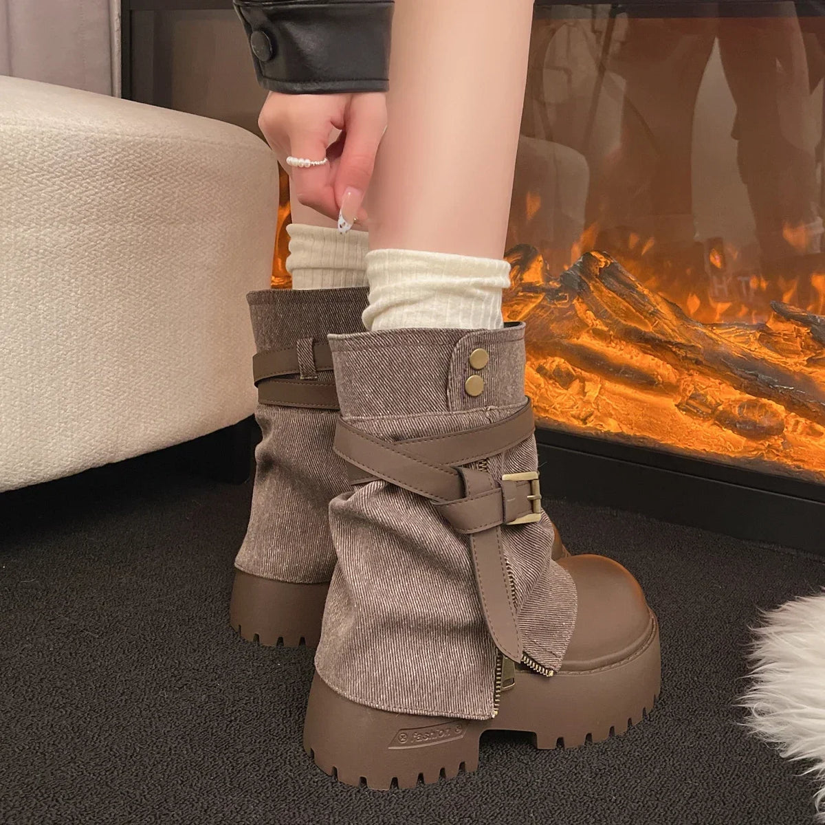 Women's Textured-Shaft Lugged Platform Ankle Boots with Buckle Straps