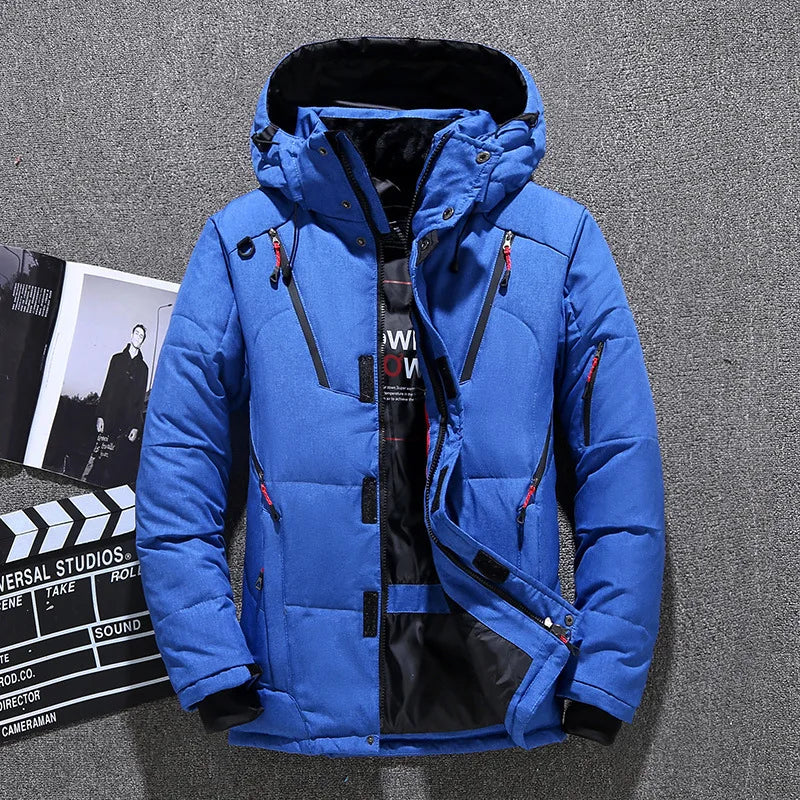 Men's Trim Hooded Down Jacket with Covered Zip and Sleeve Pocket - Royal Blue