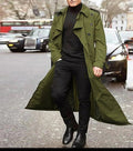 Men's Below-Knee Double-Breasted Trench with Broad Notched Lapels - Olive Green