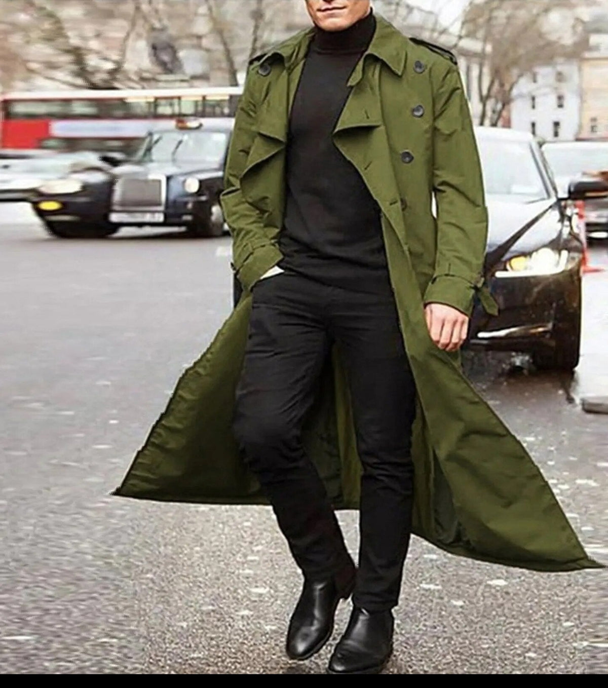 Men's Below-Knee Double-Breasted Trench with Broad Notched Lapels - Olive Green