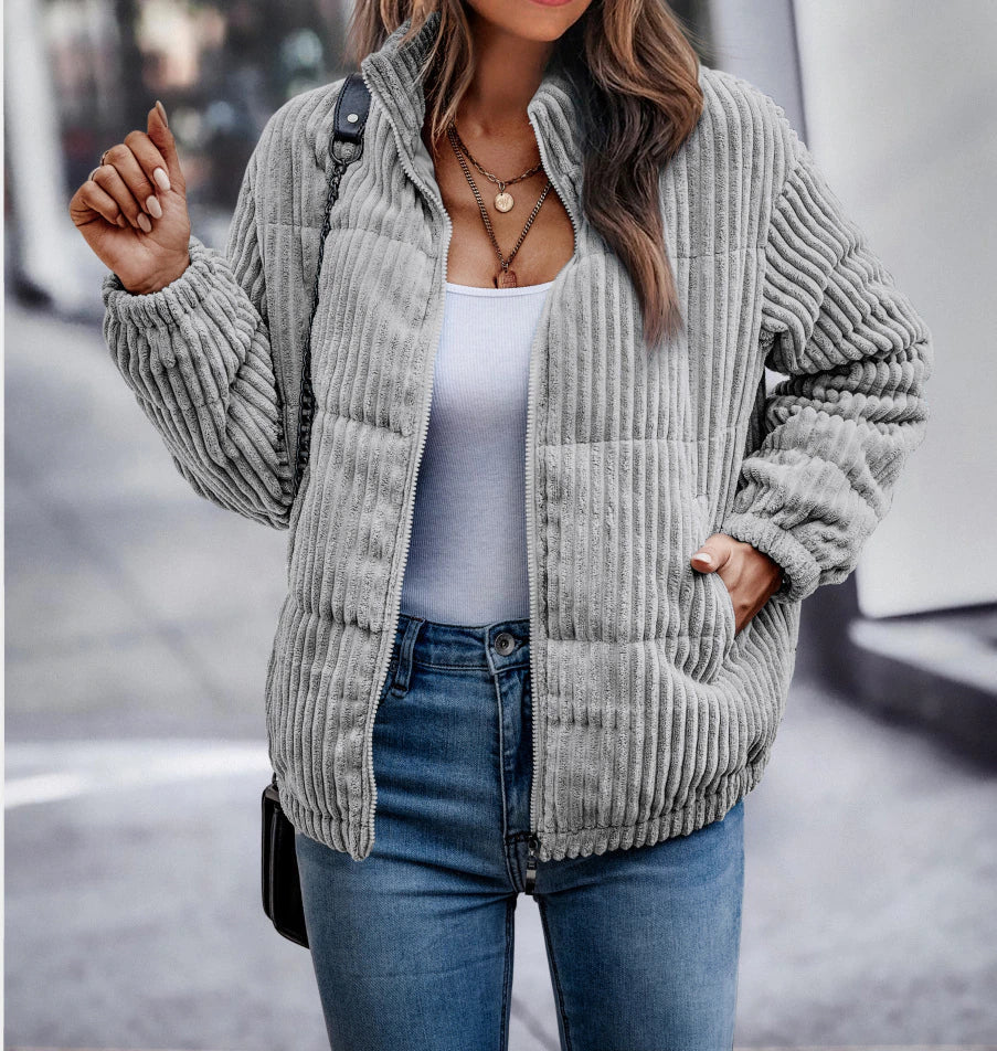 Women's Bold-Rib Corduroy Jacket with Elastic Gathered Cuffs - Grey