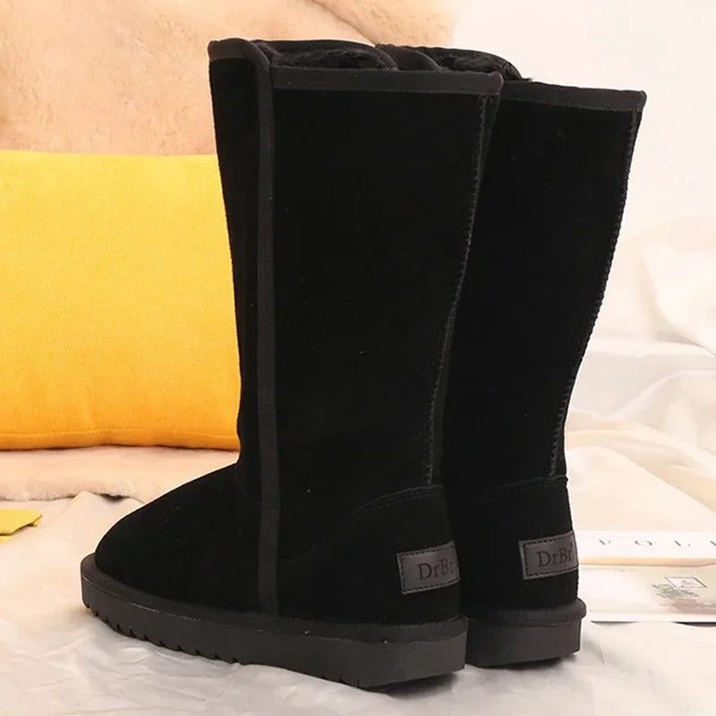 Women's Genuine Leather Knee-High Boots with Fur Lining and Flat Sole