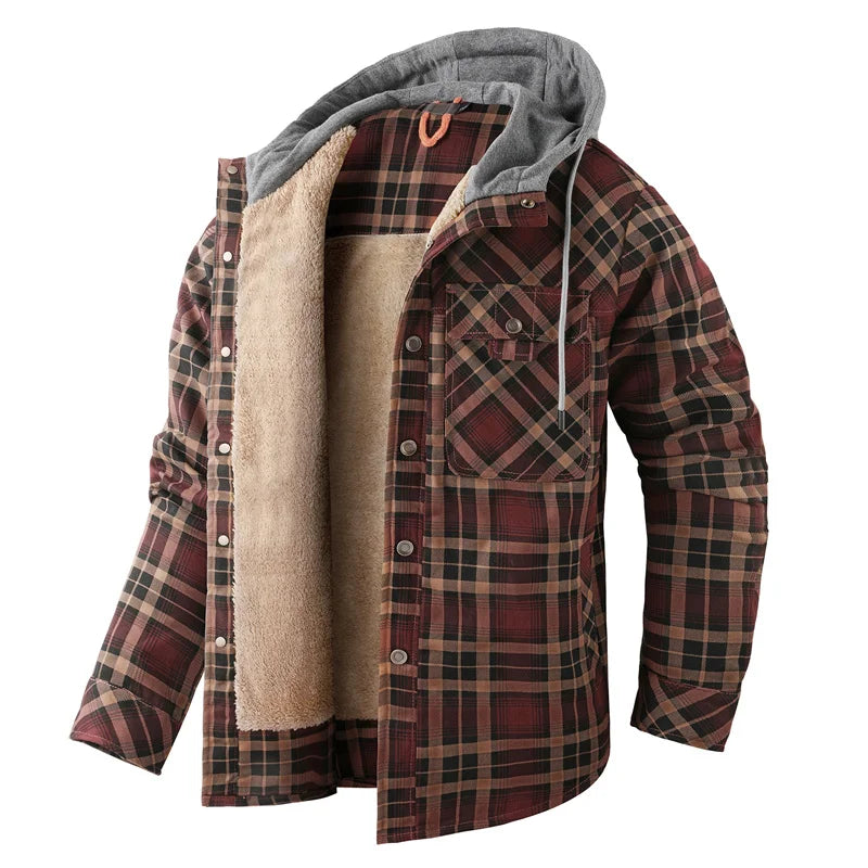 Men's Warm Bold-Check Hooded Shirt Jacket with Chest Pocket - Dark Brown