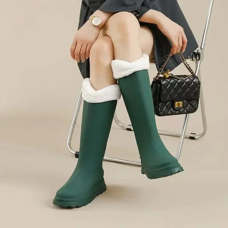 Women's Warm Lined Rubber Wellies with Optional Faux Fur Trim - Dark Green
