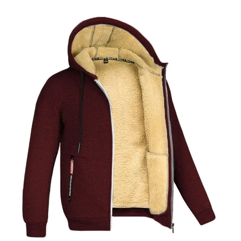 Men's Plush Fleece Full-Zip Hoodie with Ribbed Hem - Wine Red