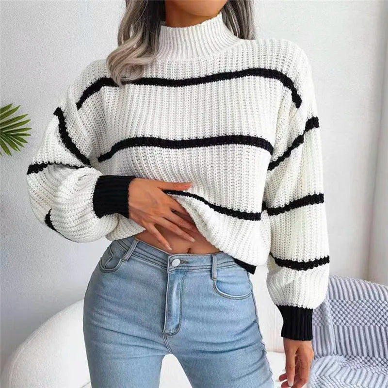 Women's Wide-Stripe High Neck Jumper in Chunky Soft Knit - White