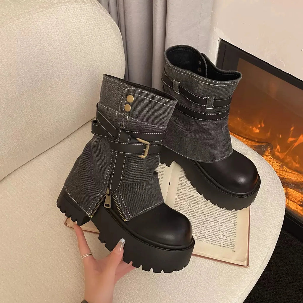 Women's Textured-Shaft Lugged Platform Ankle Boots with Buckle Straps - Black