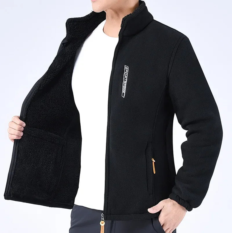 Men's Winter Polar Fleece Jacket with Raised Neck and Zip Pockets - Black