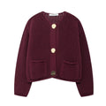 Women's Statement-Button Cropped Knit Cardigan with Round Neck - Wine Red
