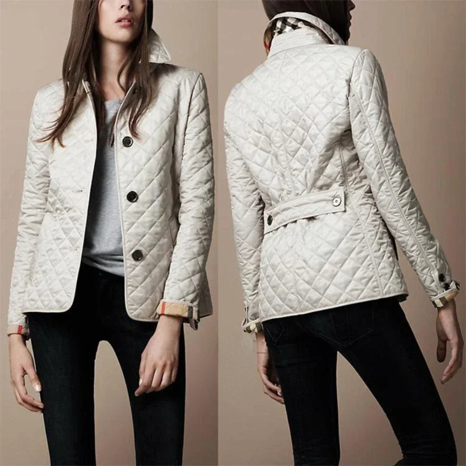 Women's Smart Diamond-Quilted Jacket with Crisp Collar - White
