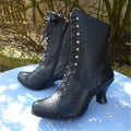 Women's Vintage Brogue-Toe Lace-Up Boots with Shaped Heel - Black