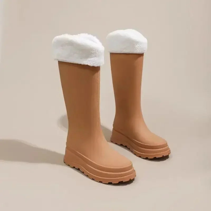 Women's Warm Lined Rubber Wellies with Optional Faux Fur Trim - Brown