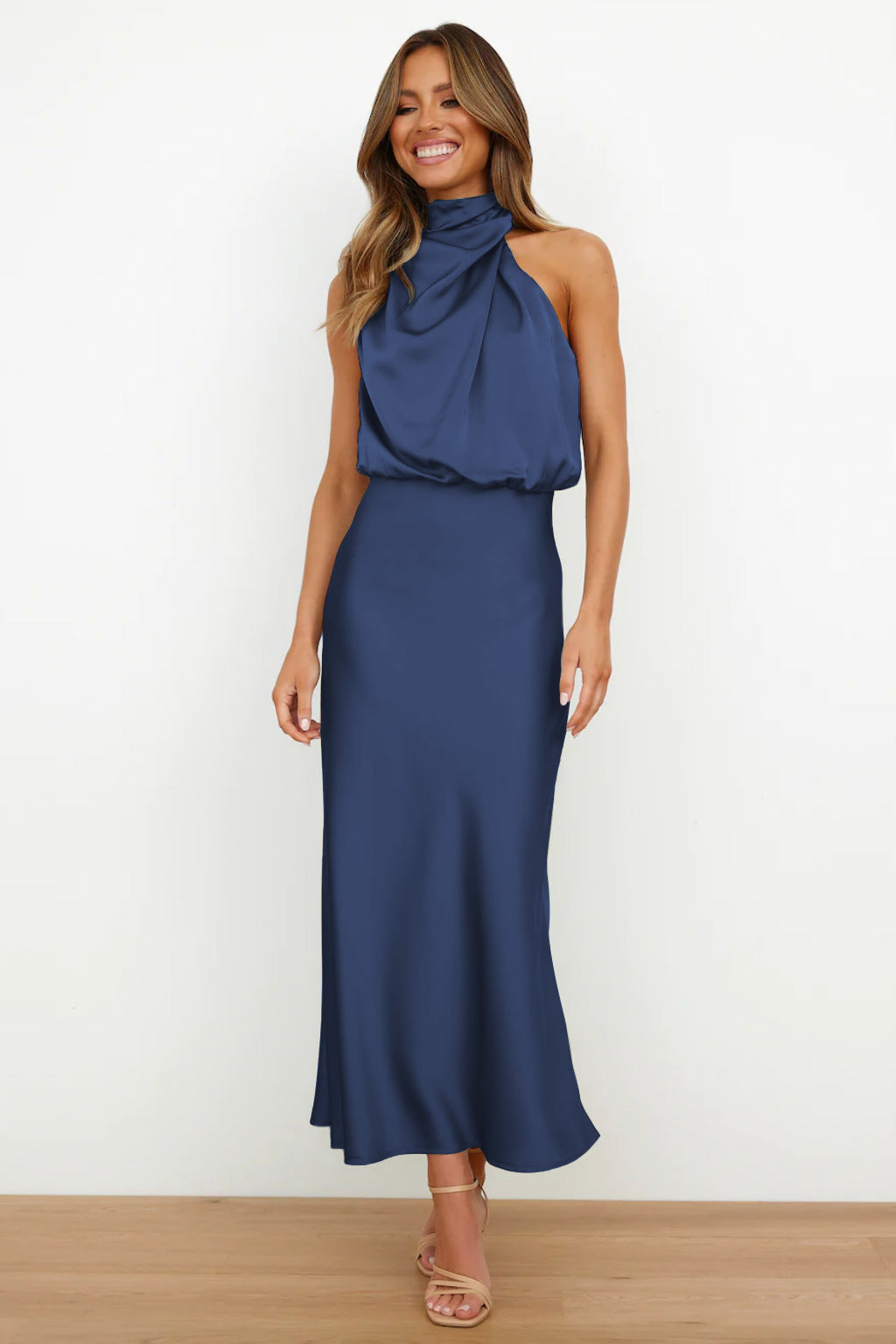 Women's Classic-Cut Satin Dress with Soft Sheen - Navy