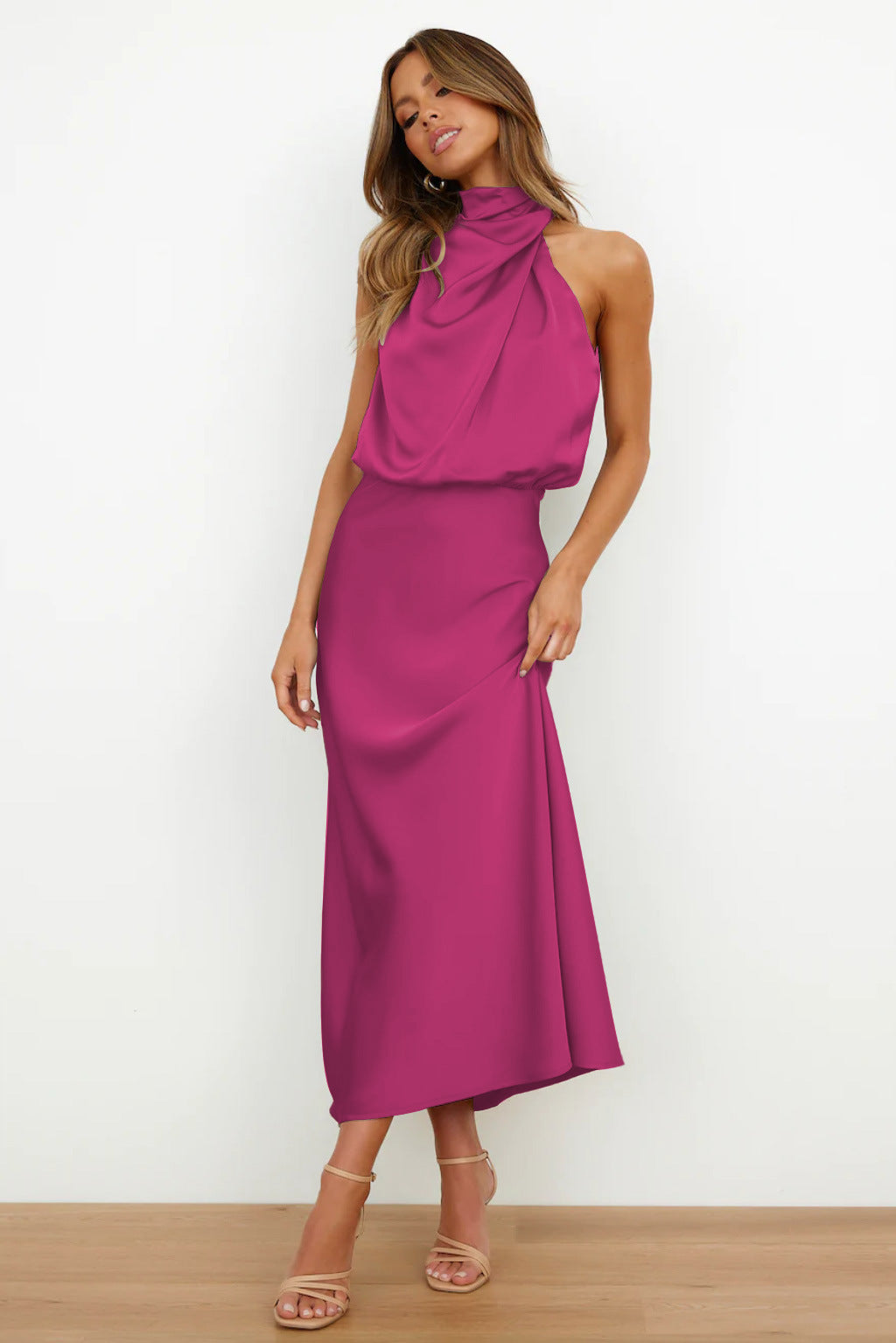 Women's Classic-Cut Satin Dress with Soft Sheen - Pink