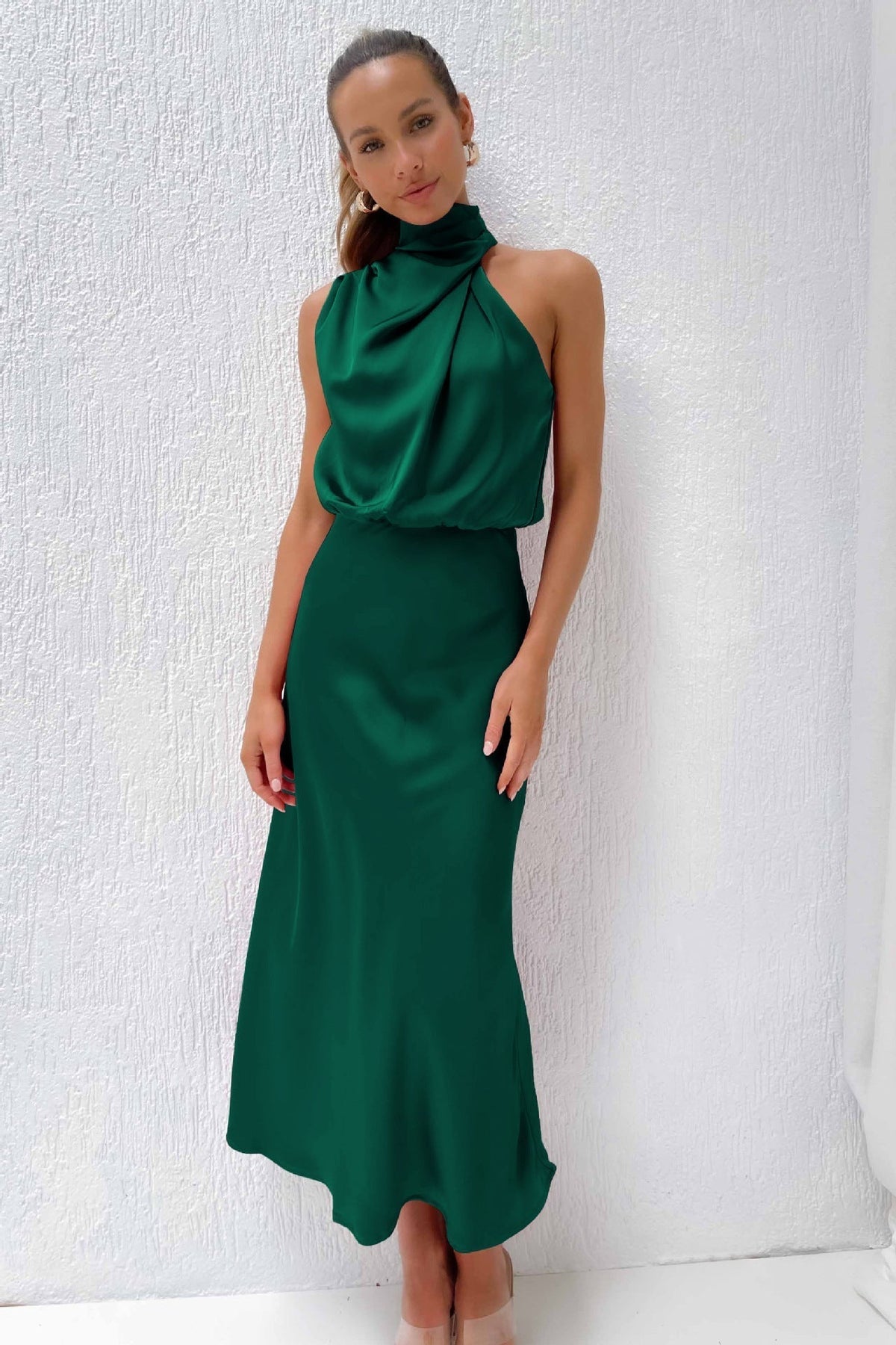 Women's Classic-Cut Satin Dress with Soft Sheen - Green