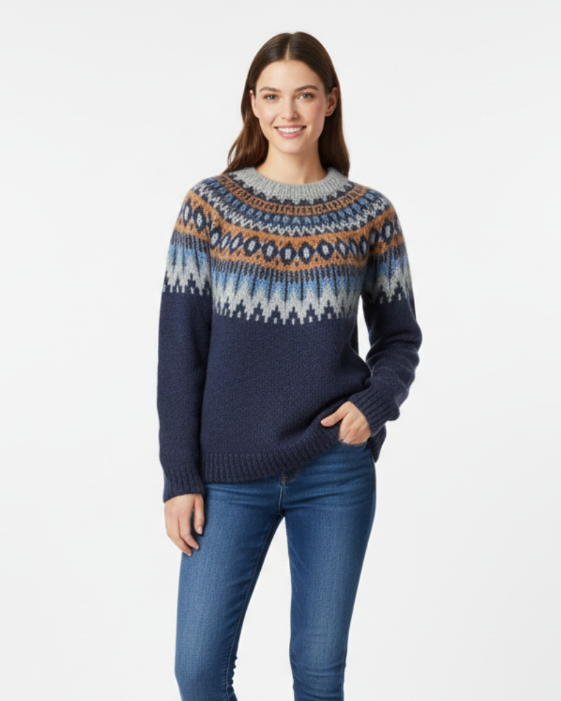 Women's Fair Isle Chest and Sleeve Pattern Relaxed Jumper - Dark Blue