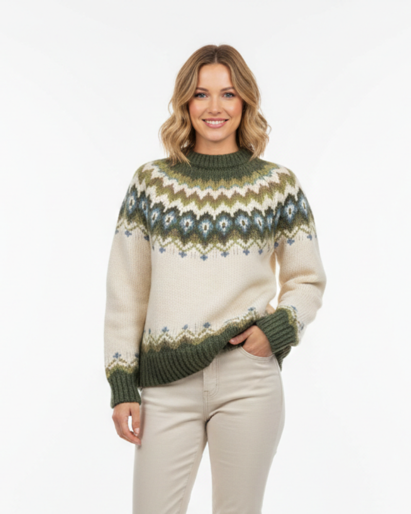 Women's Fair Isle Chest and Sleeve Pattern Relaxed Jumper - Green