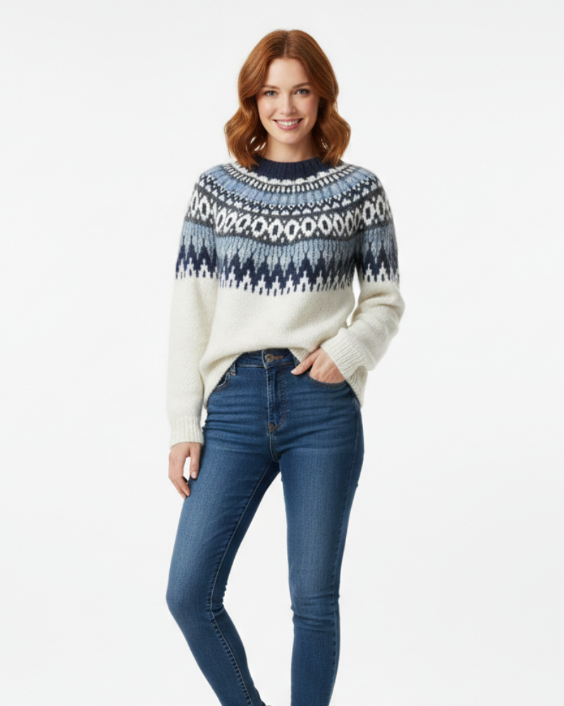 Women's Fair Isle Chest and Sleeve Pattern Relaxed Jumper - Blue 02