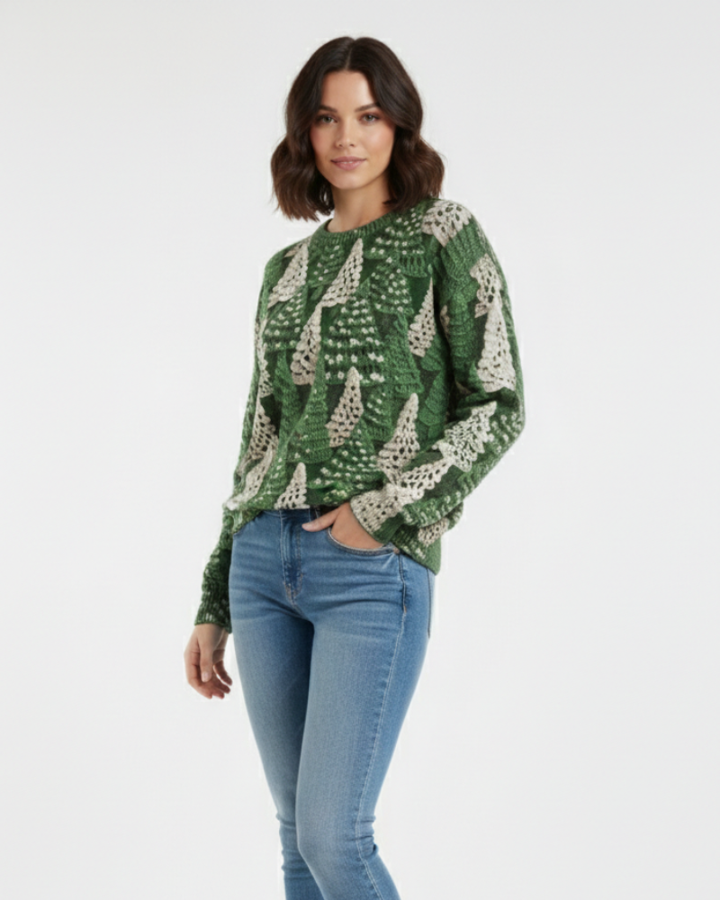 Women's Soft Knit Festive Jumper with Fir Tree Motif - Green