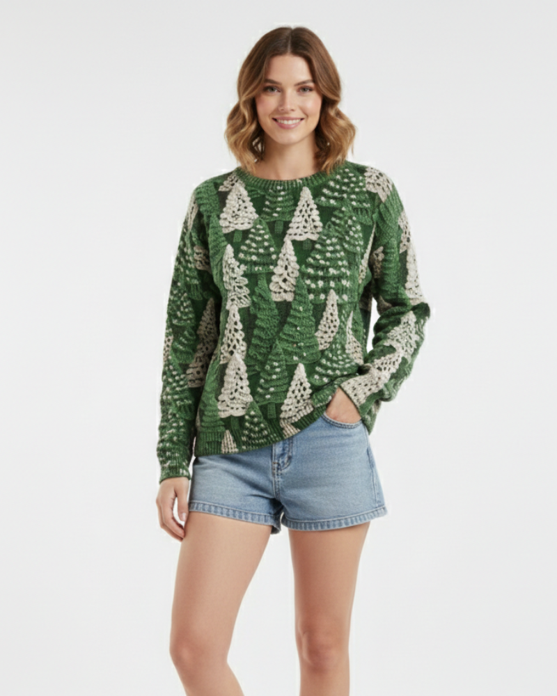 Women's Soft Knit Festive Jumper with Fir Tree Motif