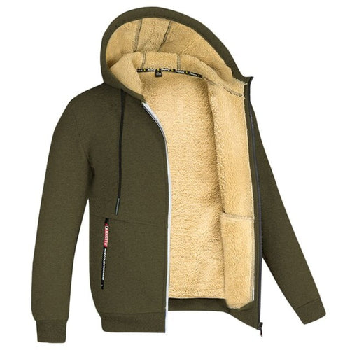 Men's Drawcord Hooded Winter Coat with Ribbed Hem and Wool Lining - Olive Green
