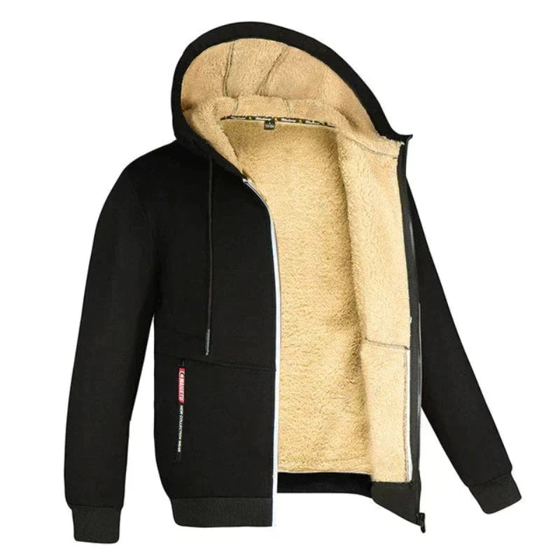 Men's Drawcord Hooded Winter Coat with Ribbed Hem and Wool Lining - Black