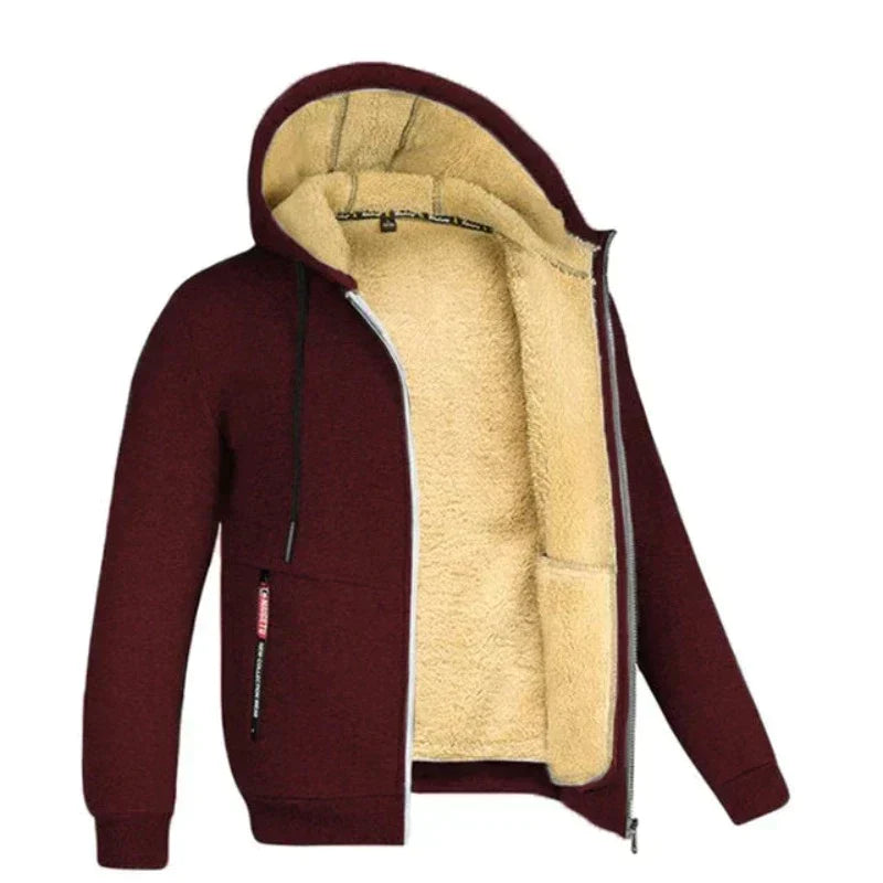 Men's Drawcord Hooded Winter Coat with Ribbed Hem and Wool Lining - Wine Red