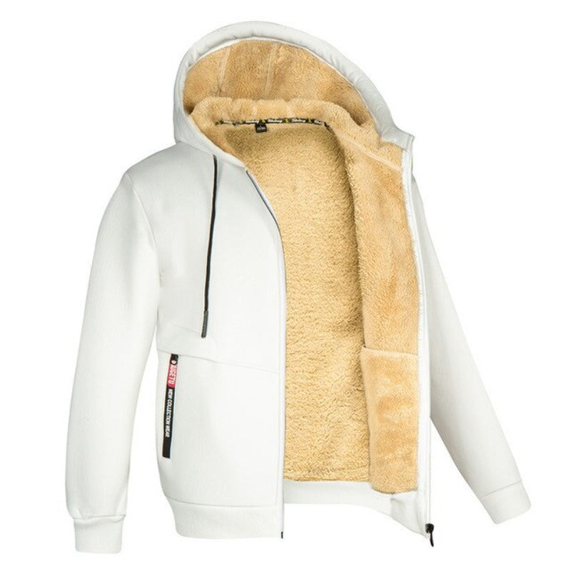 Men's Drawcord Hooded Winter Coat with Ribbed Hem and Wool Lining - White