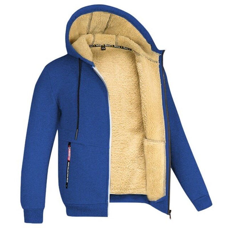 Men's Drawcord Hooded Winter Coat with Ribbed Hem and Wool Lining - Royal Blue