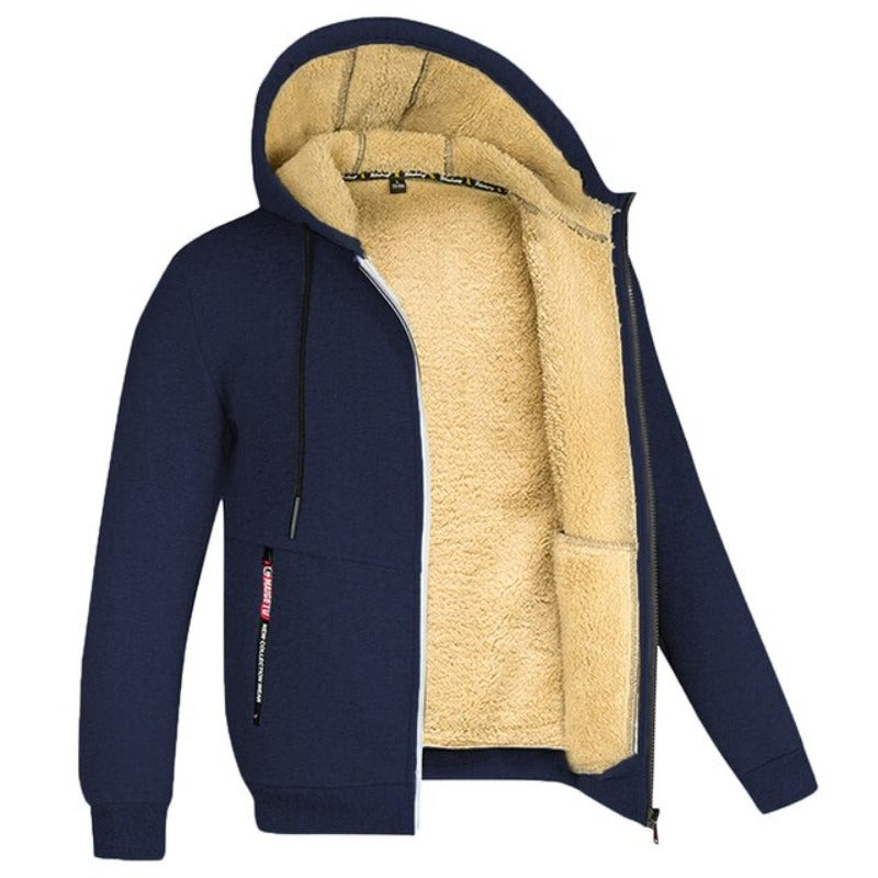 Men's Drawcord Hooded Winter Coat with Ribbed Hem and Wool Lining - Navy Blue