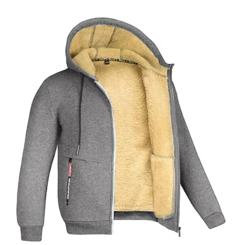 Men's Drawcord Hooded Winter Coat with Ribbed Hem and Wool Lining - Grey