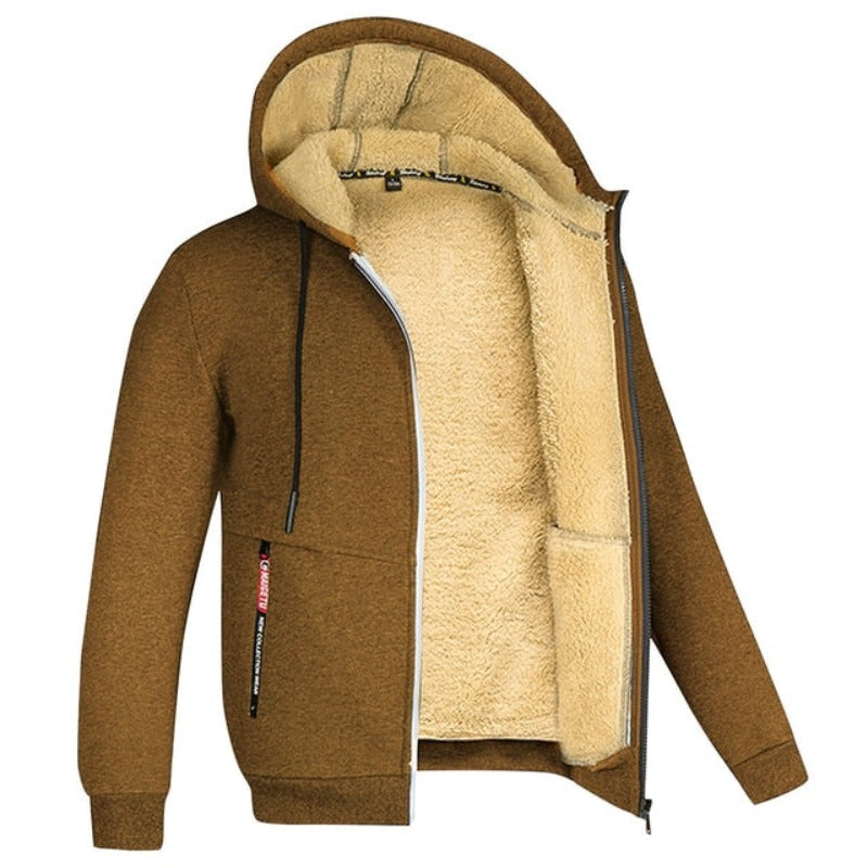Men's Drawcord Hooded Winter Coat with Ribbed Hem and Wool Lining - Brown
