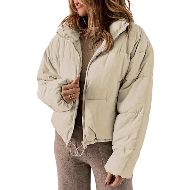 Women's Short Drop-Shoulder Padded Jacket with Adjustable Hem - Beige